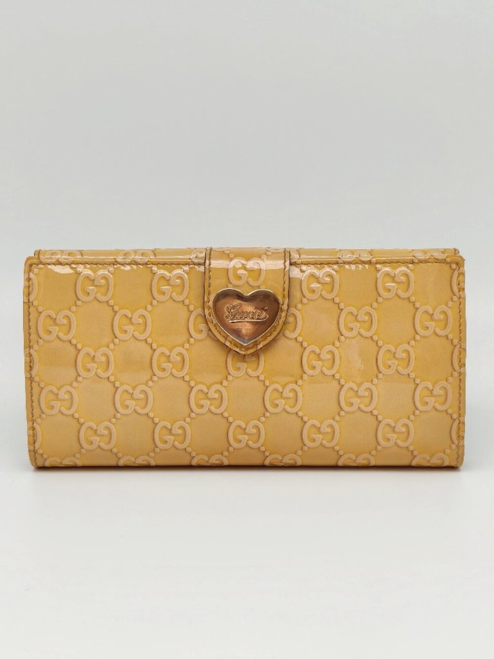 Gucci Guccissima Patent Leather Long Wallet Beige Heart Logo